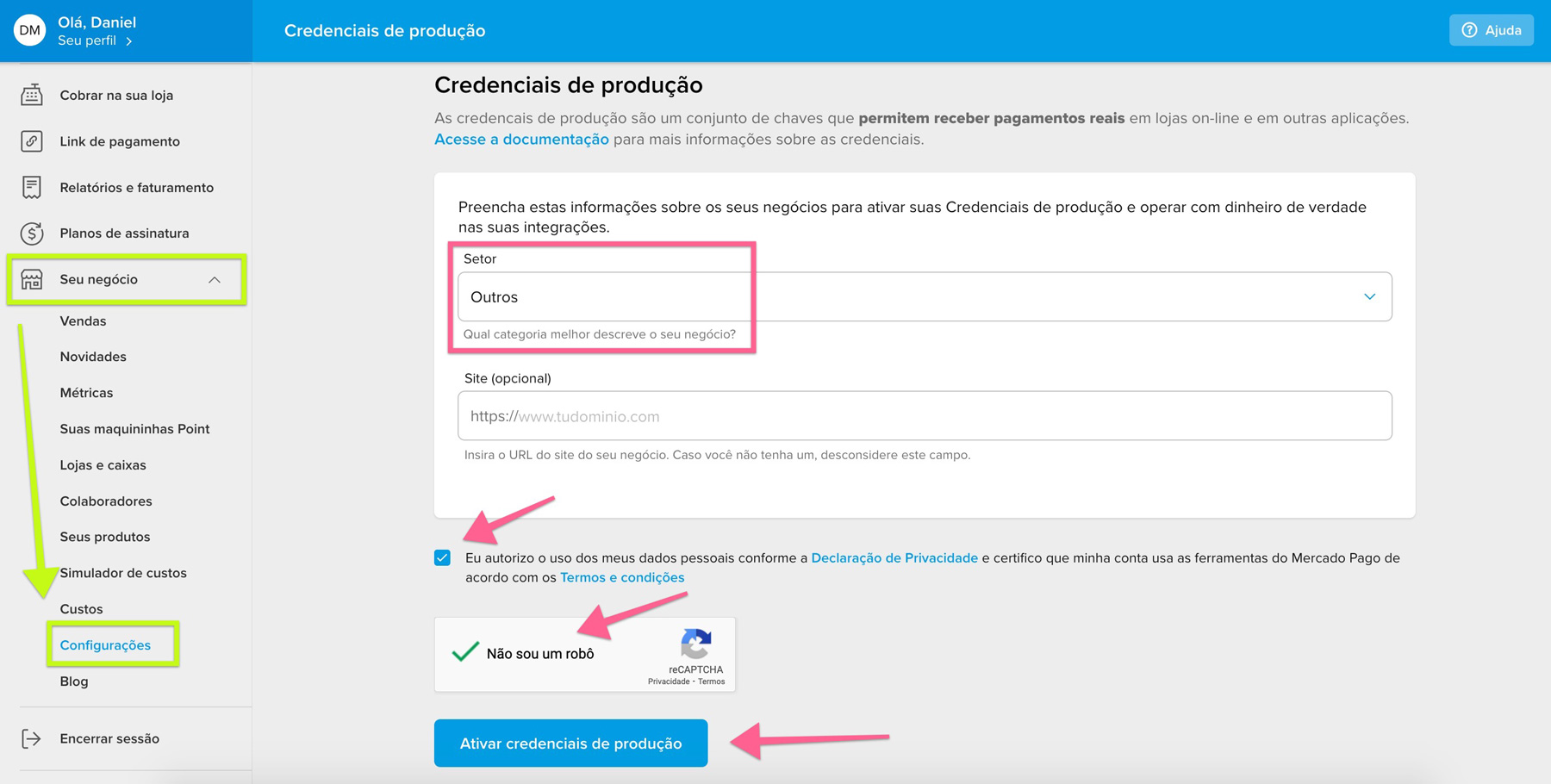 mercado pago ativar credenciais